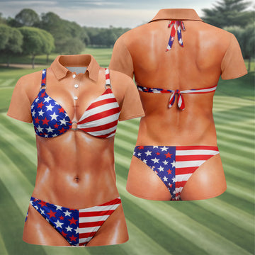 Naughty Fun USA Patriotic 4th Of July Ladies Golf Shirts, 250th Anniversary Golf Shirt For Women