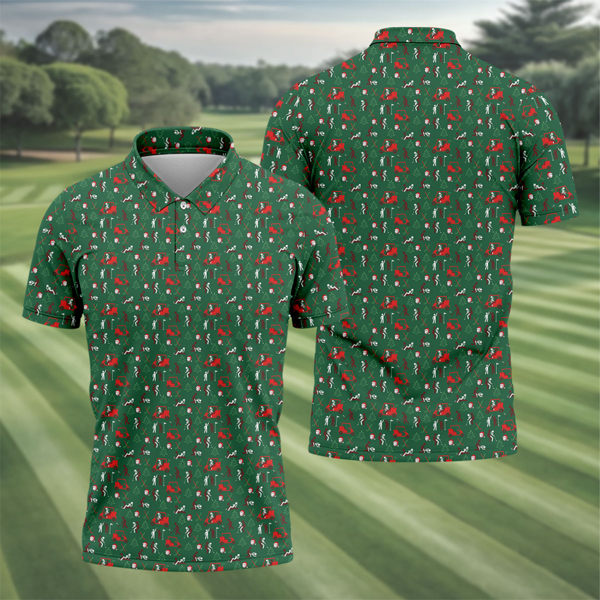 Christmas Golf Cart and Golfer Polo Shirt, Golf Polo Shirts For Men, Mens Golf Shirts