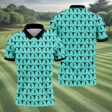 Longhorn Cow Skull Western Theme Peacock Blue Golf Tops For Men, Polo Shirts For Men, Golf Shirts For Men