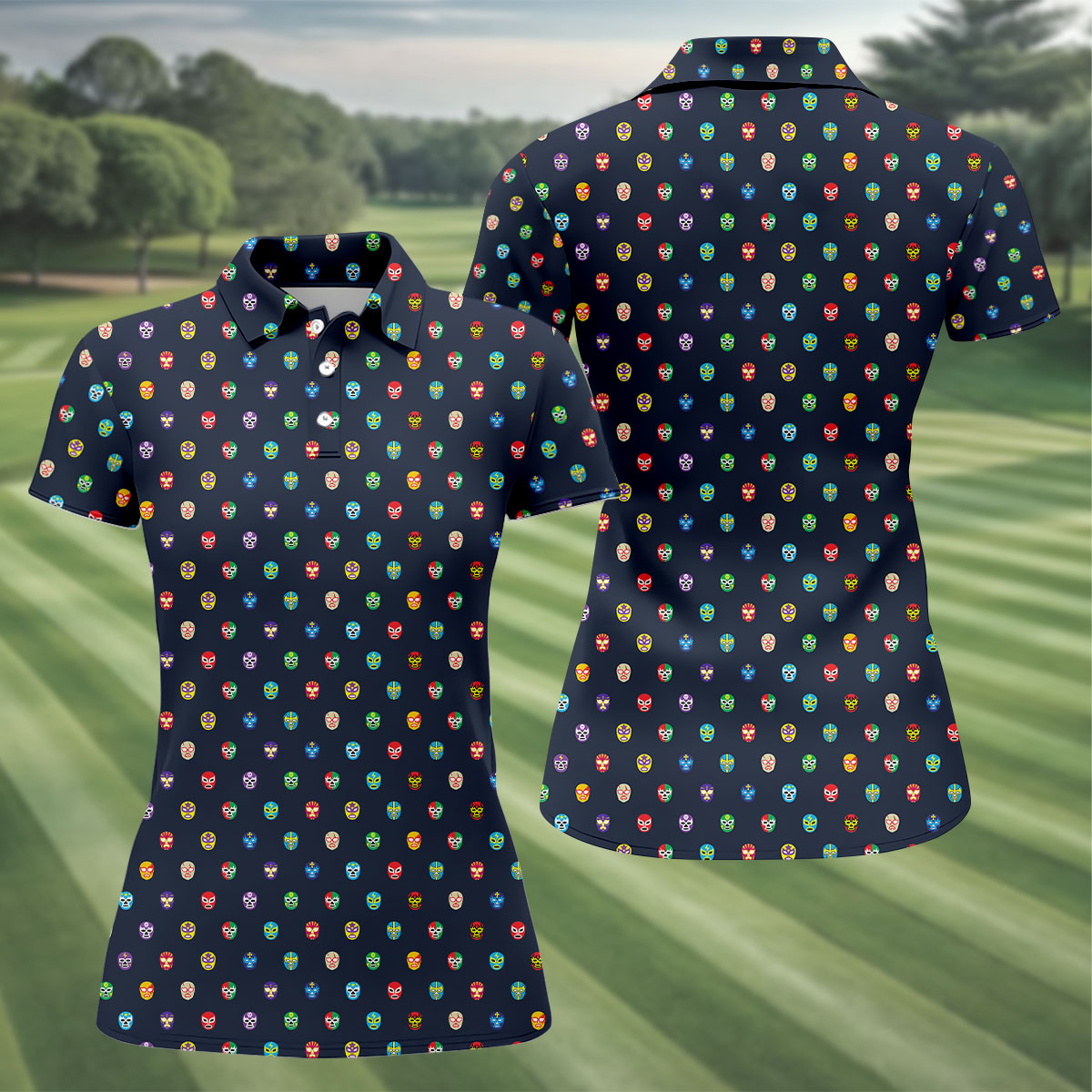 Lucha Libre Mask Seamless Pattern Cinco De Mayo Celebration Fiesta Themed Golf Shirt For Women