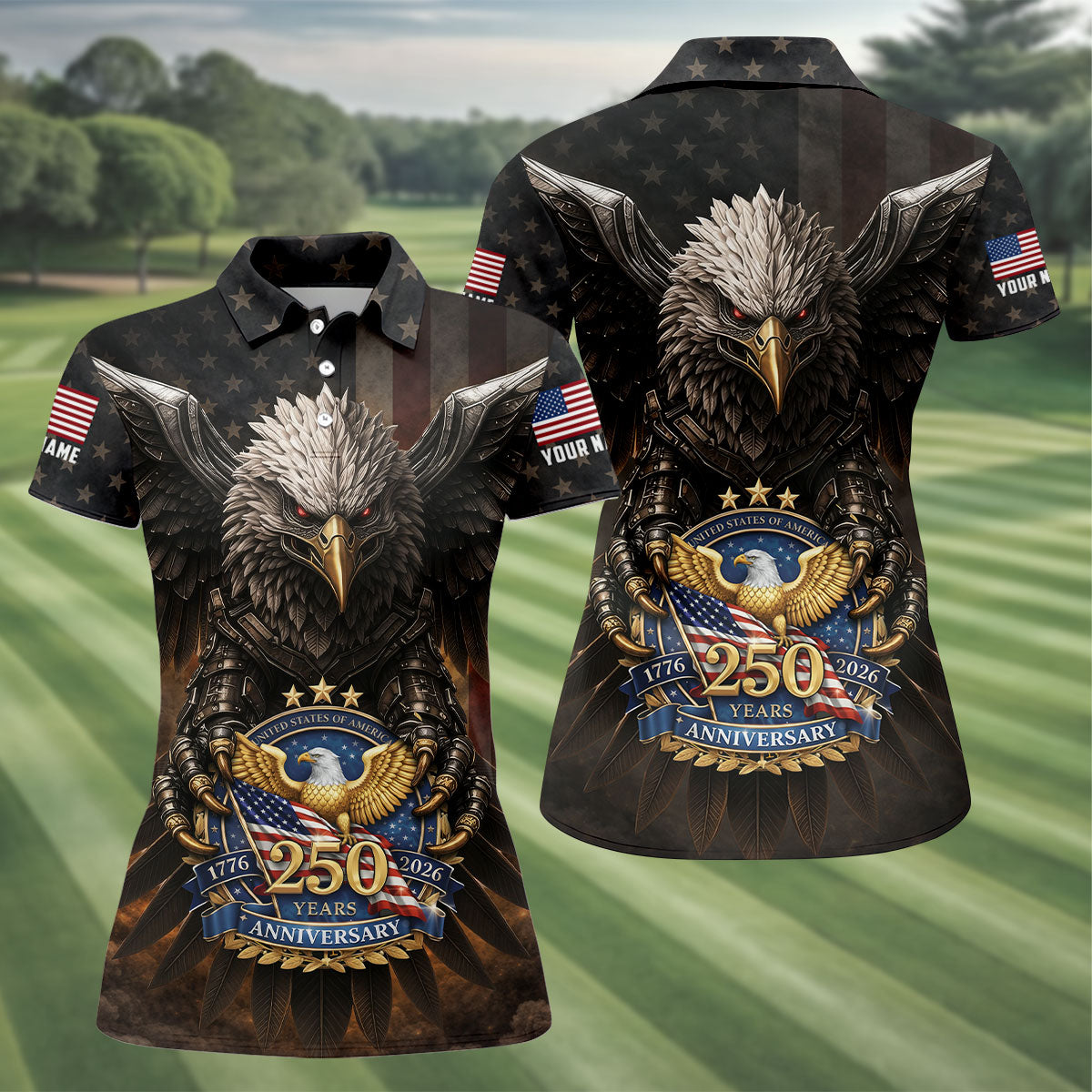 250 Years Fierce Eagle American Flag Retro Golf Shirt, Patriotic 4th Of July Golf Shirt For Women