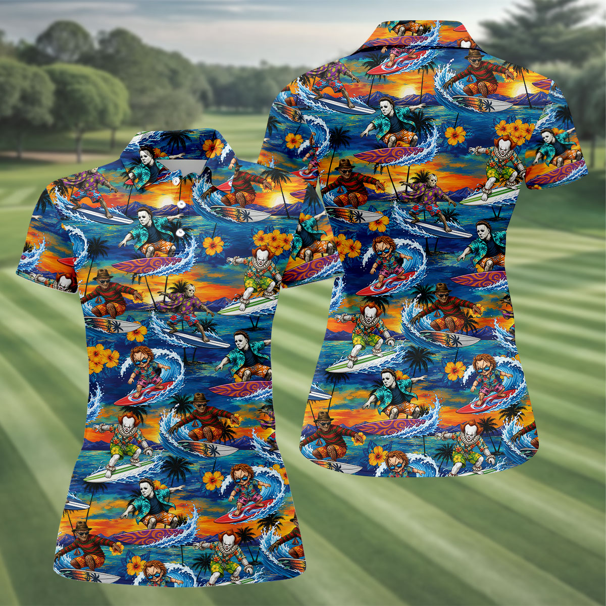 Retro Horror Character Villains Surfing Sunset Waves Golf Polo Shirt, Women's Golf Polo, Golf Tops For Women