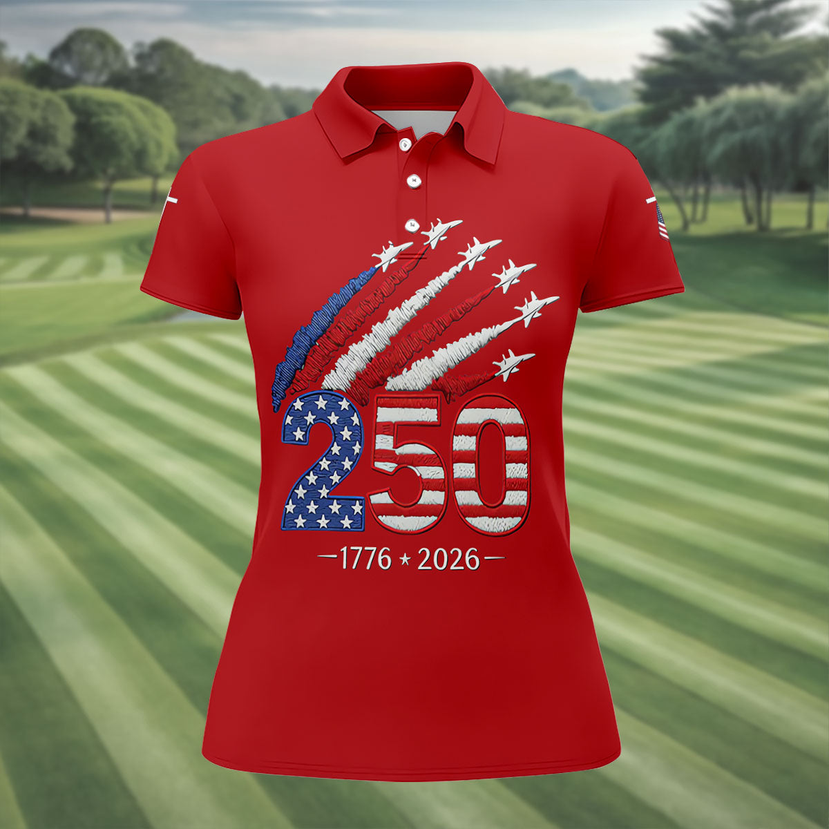 Flying Fighter Jets Faith Cross Patriotic 4th Of July Red Golf Shirt, 250 Years Golf Shirt For Women