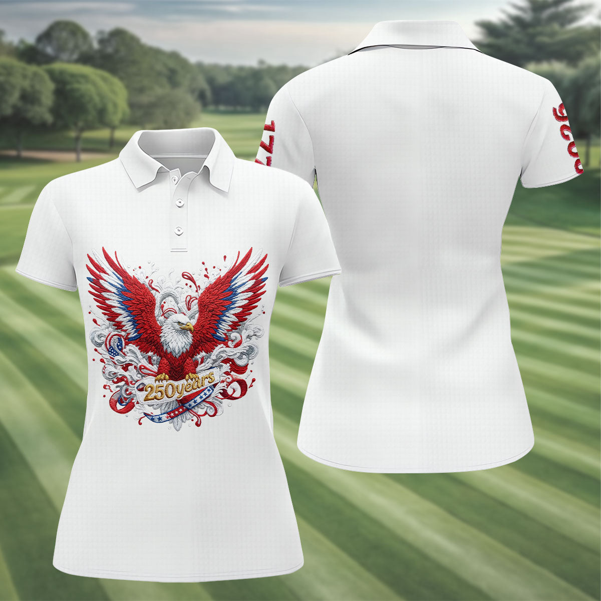 US Bald Eagle Embroidery Effect Patriotic Golf Shirt, 4th Of July Golf Shirt, 250th Anniversary Women Golf