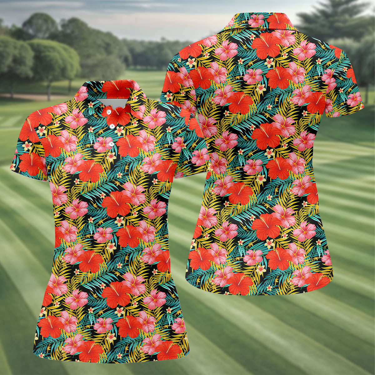 Red Hibicus Gold Palm Leaf Hawaiian Golf Shirt, Summer Theme Golf Shirt For Women