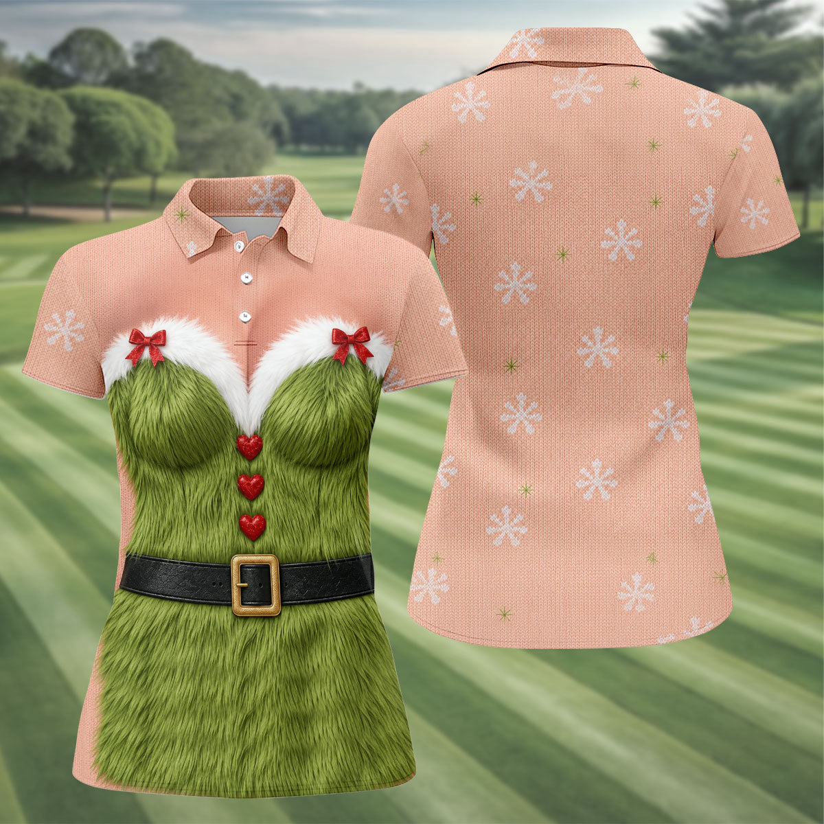 Funny Green Furry Christmas Costume Polo Shirt, Women’s Golf Polo, Ladies Golf Tops