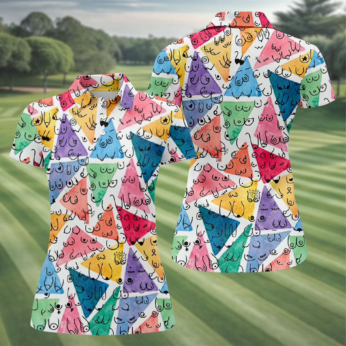 Multicolor Abstract Boob Pattern Golf Polo Shirt, Golf Tops For Women, Ladies Golf Shirt