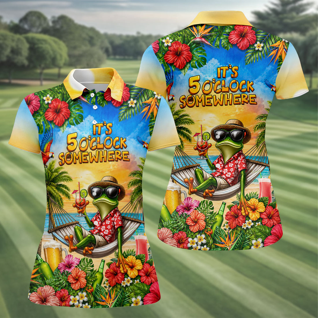 Funny Tropical Frog Drinking Hawaiian Golf Shirt, Golf Polo For Women, Printed Golf Shirt