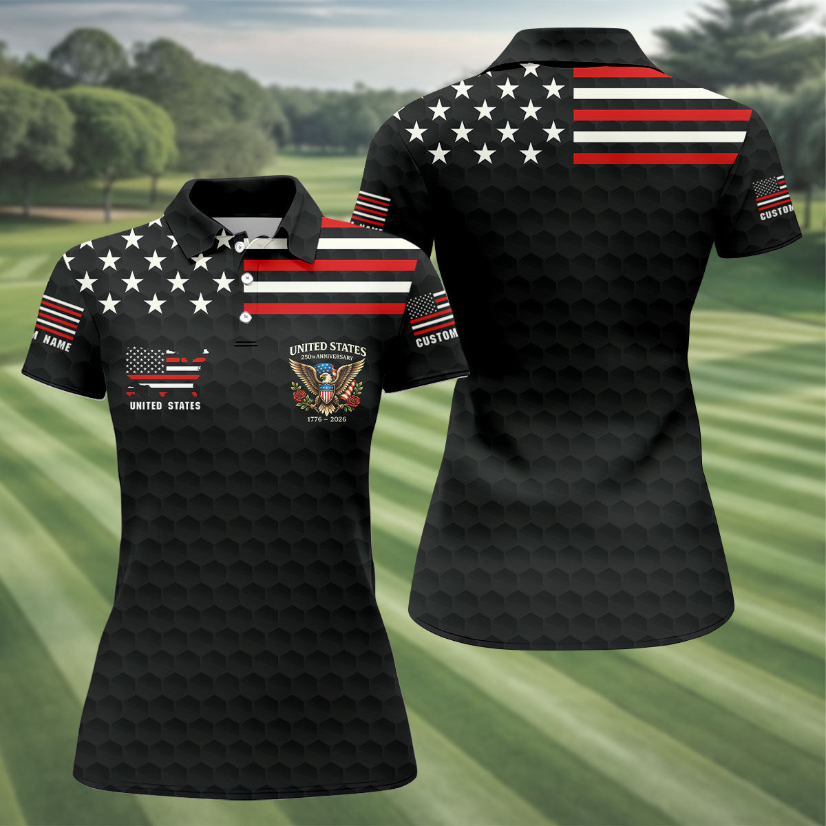 250th Anniversary Bald Eagle And Roses Black Golf Shirt, Patriotic 4th Of July Golf Shirt For Women