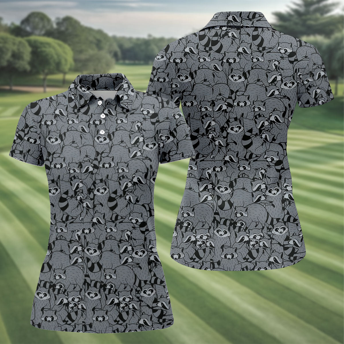 Gray Cartoon Raccoon Pattern Golf Polo Shirt, Golf Shirts For Women, Women's Golf Polo
