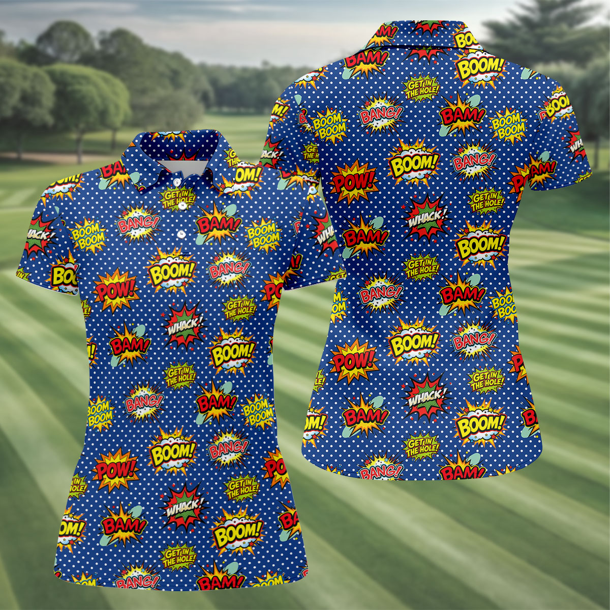 Funny Comic Pop Art Golf Shirt, Ladies Golf Shirts, Golf Tops For Women