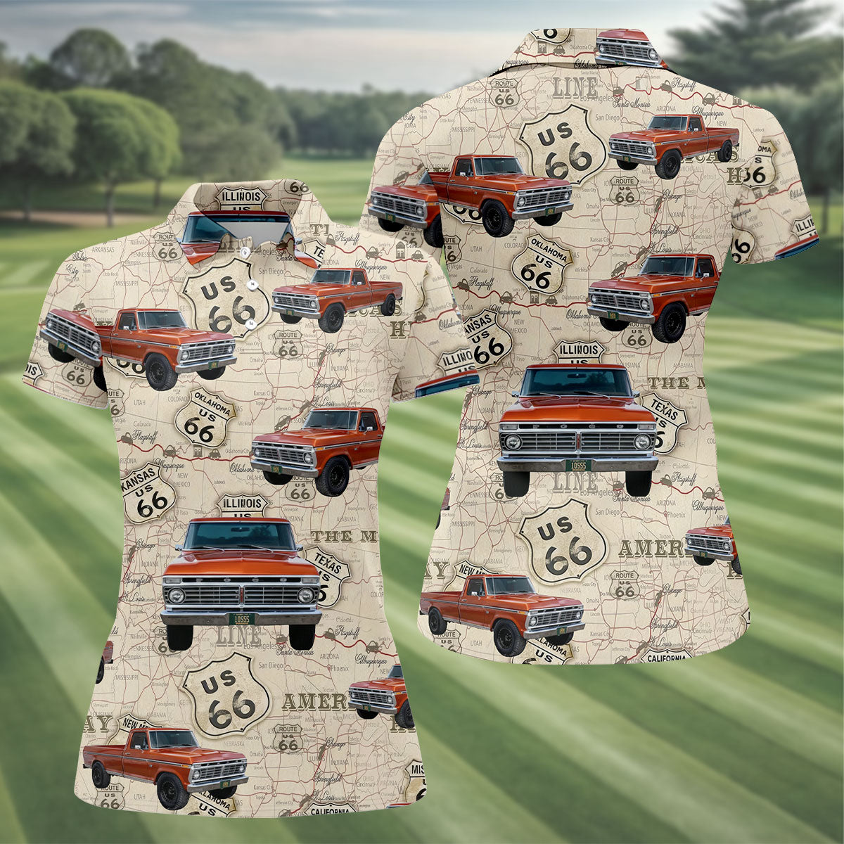 Custom Photo Truck Golf Shirt, Vintage Pickup Route 66 Map Pattern, Golf Shirt For Women