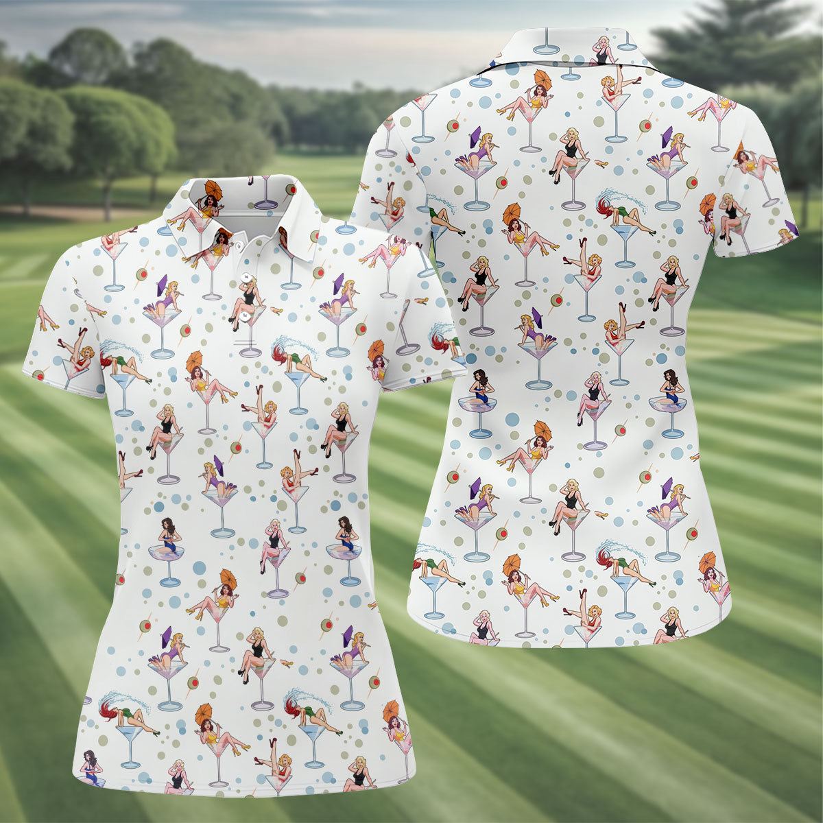Retro Pin Up Martini Cocktail Hawaiian Golf Shirt, Ladies Golf Shirts, Performance Golf Shirt