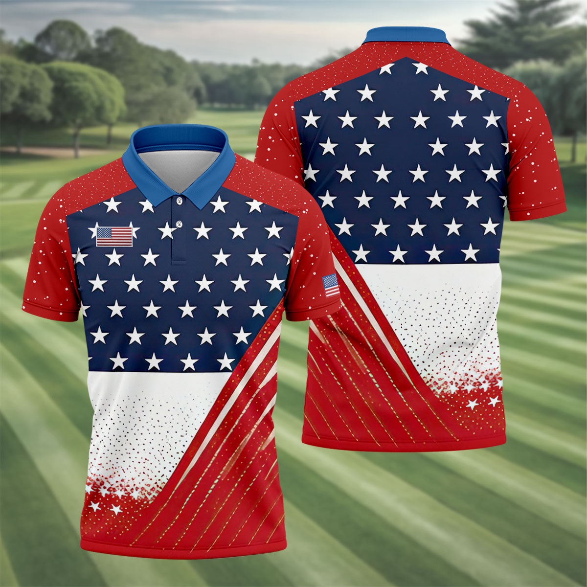 White Star Patriotic 4th Of July American Flag Golf Polo Shirt, Patriotic Golf Shirt, Golf Shirts For Men