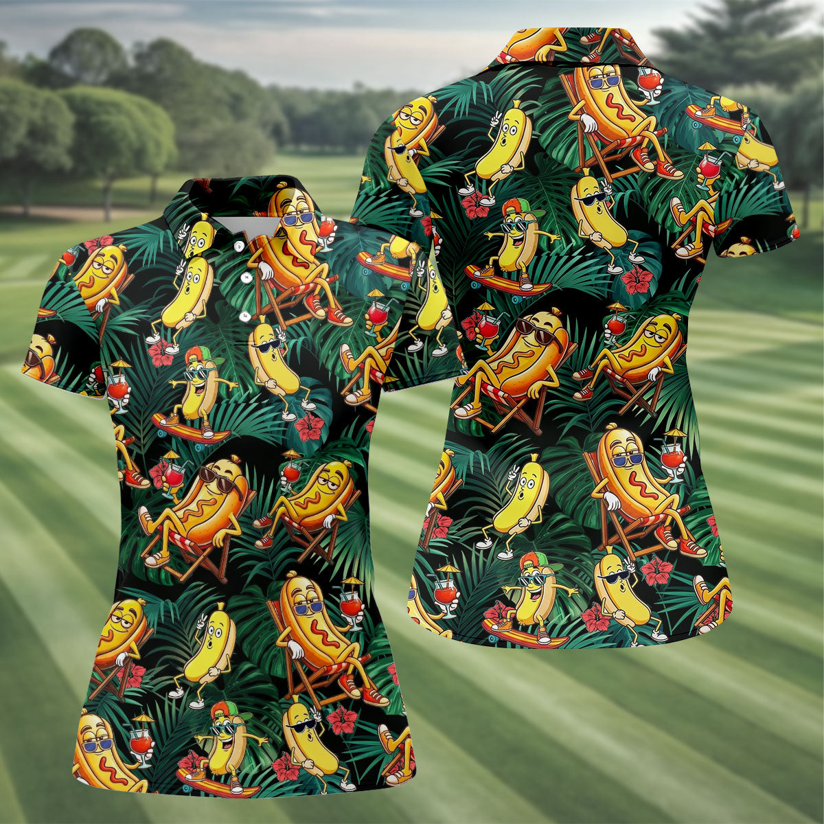 Funny Hot Dog Banana Tropical Hawaiian Golf Shirt, Womens Golf Tops, Ladies Golf Shirts