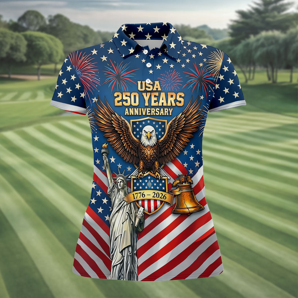 USA 250 Years Stars And Stripes Bald Eagle Golf Shirt, Patriotic 4th Of July Golf Shirt For Women