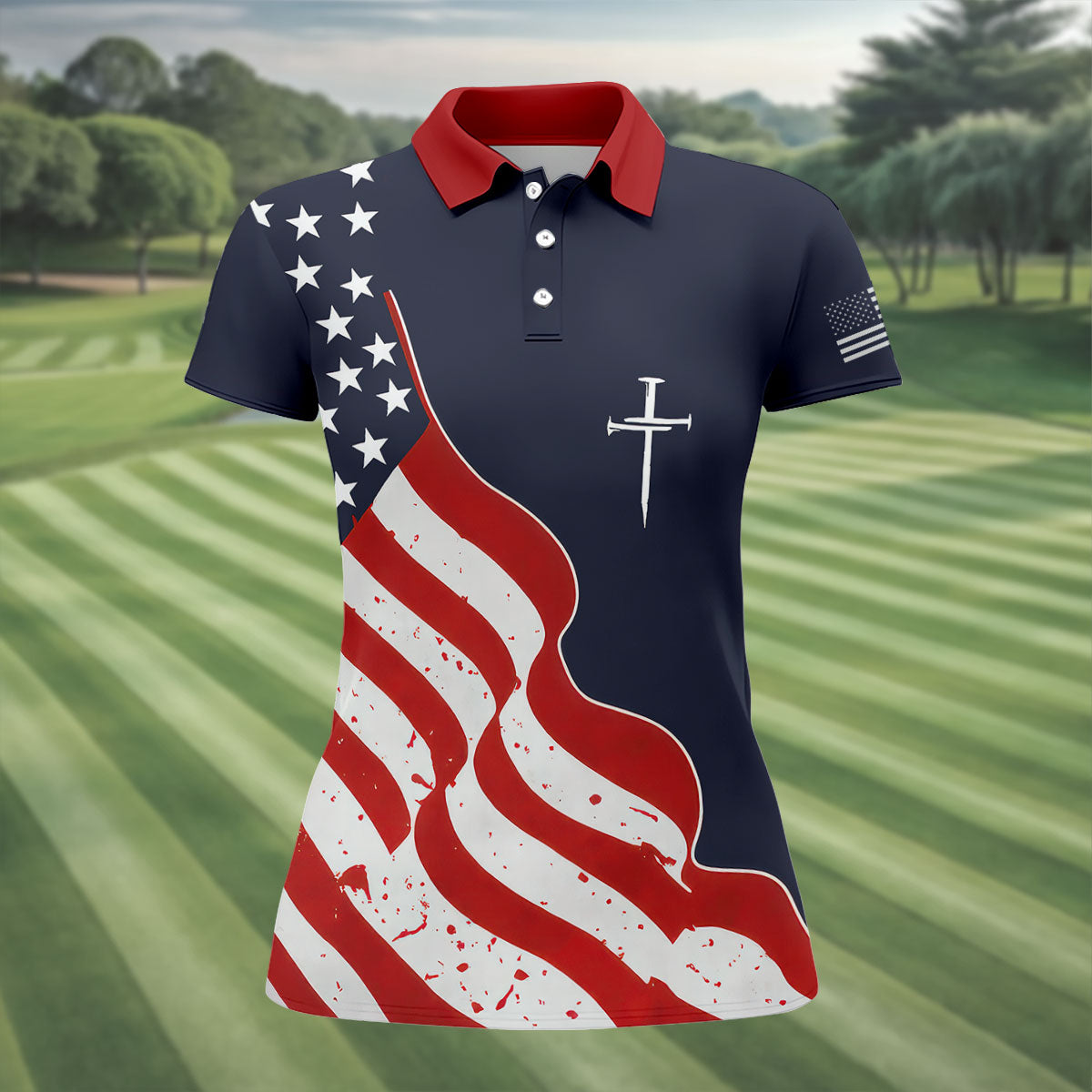 Faith Cross America 250th Anniversary 4th Of July Shirt, Patriotic Navy Golf Shirt For Women