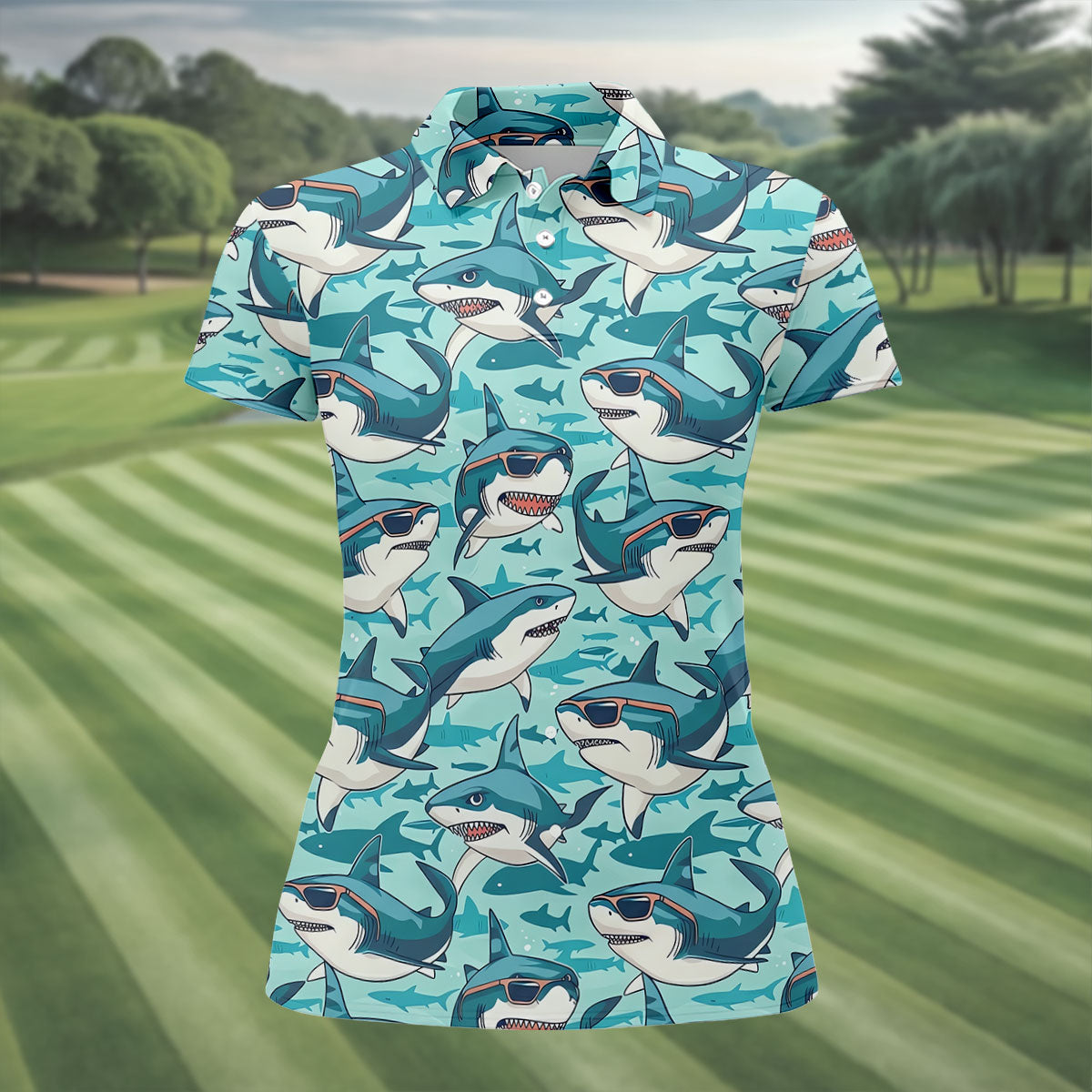 Animated Shark Hawaiian Golf Shirt, Fun Women's Golf Shirts, Ladies Golf Shirts