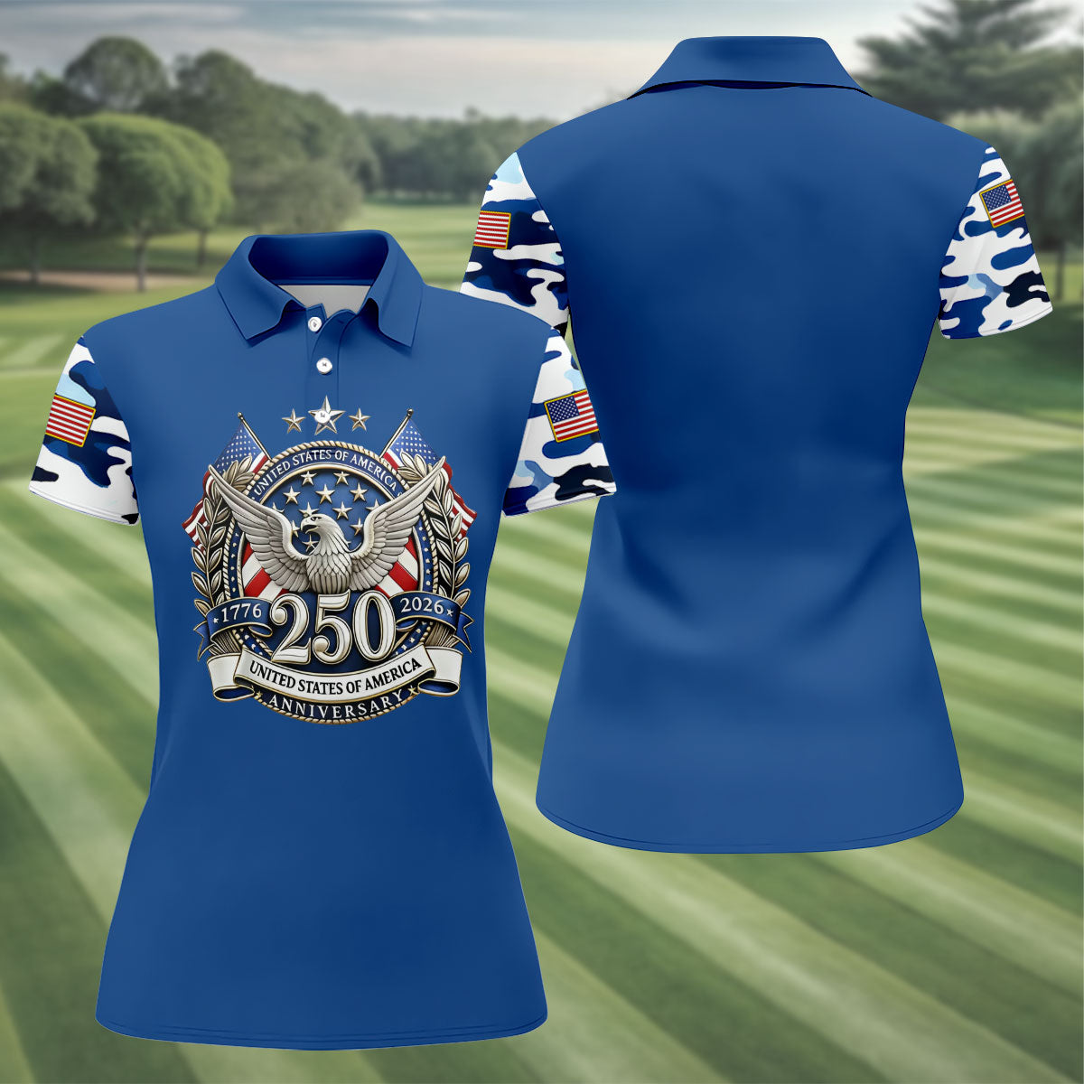 Patriotic Bald Eagle Blue And White Camo Blue Golf Shirt, 250th Anniversary Women's Golf Shirts