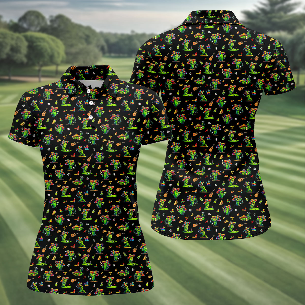 Cartoon Mustach Funny Cactus Cinco De Mayo Celebration Fiesta Themed Black Golf Shirt For Women
