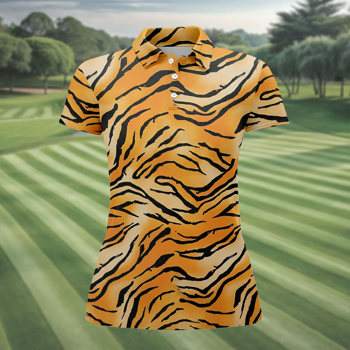 Tiger Stripe Pattern Hawaiian Golf Shirt, Fun Women's Golf Shirts, Ladies Golf Shirts