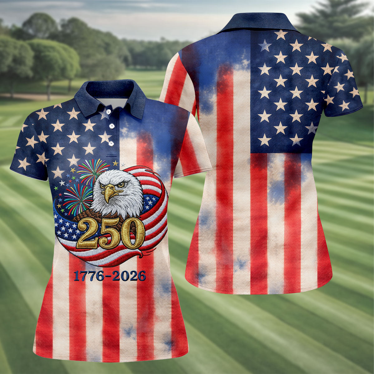 250 Years Bald Eagle US Flag Faded Color Retro Golf Shirt, Patriotic 4th Of July Golf Shirt For Women