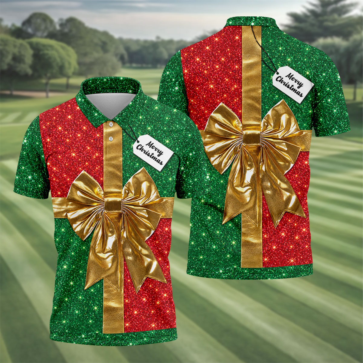 Merry Christmas Golden Gift Bow Golf Polo Shirt, Mens Golf Shirts, Polo Shirts For Men