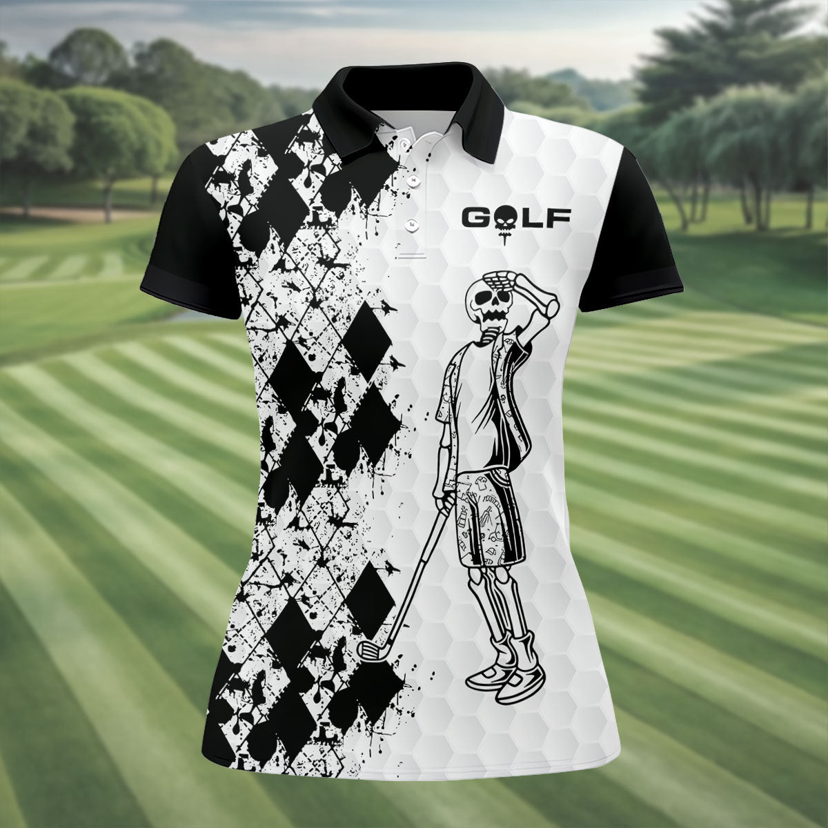 Golf Skeleton Splatter Effect Argyle Pattern Women's Golf Tops, Ladies Golf Shirts
