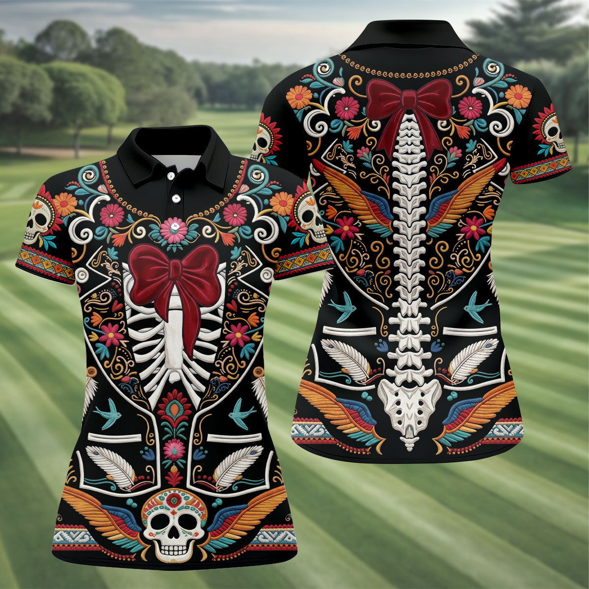 Skeleton With Flower Cinco De Mayo Celebration Ladies Golf Tops, Fiesta Theme Golf Shirt For Women