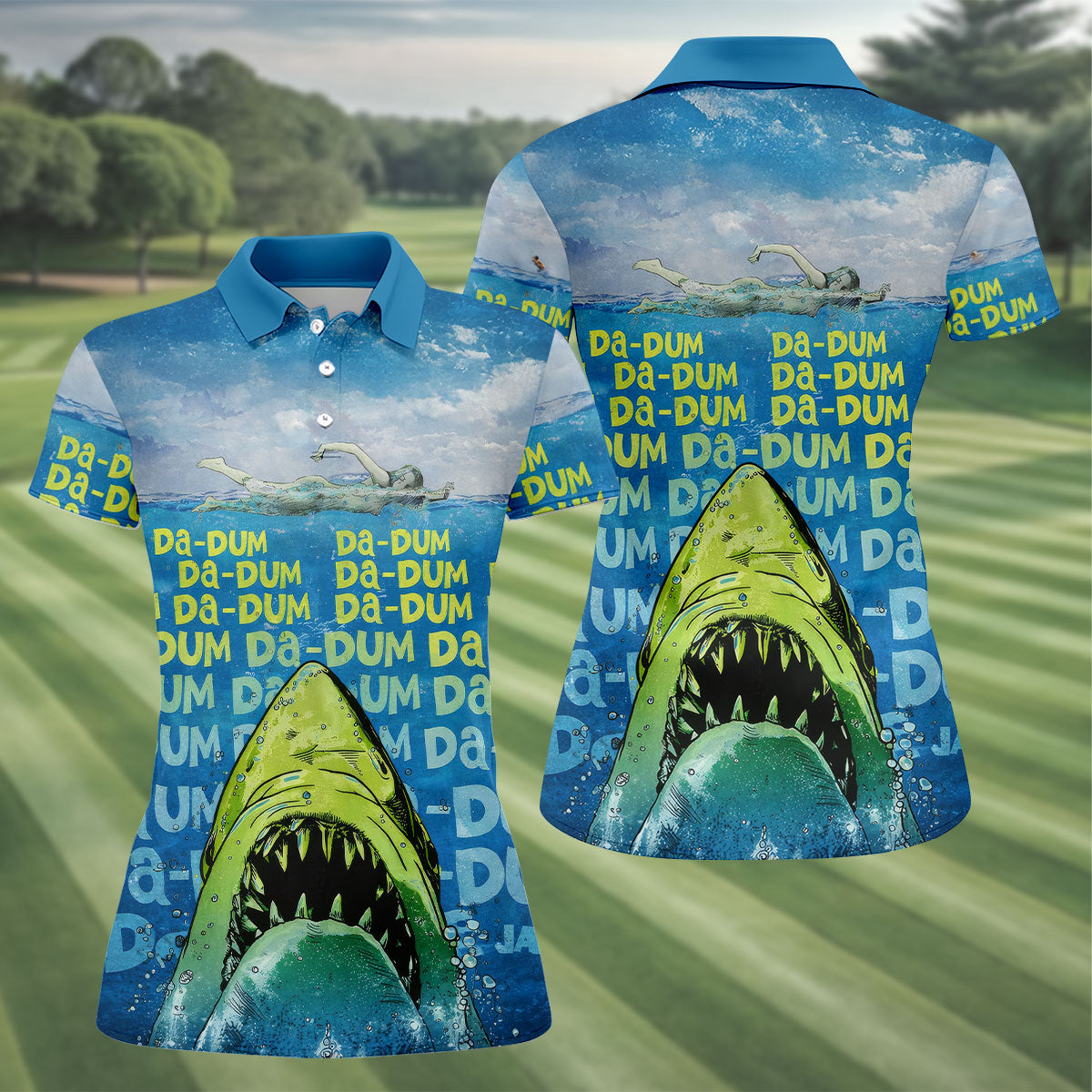 Funny Shark Da Dum Ocean Attack Golf Polo Shirt, Golf Shirts For Women, Women's Golf Apparel