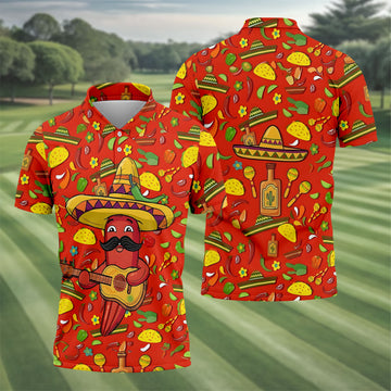 Cartoon Chili Pepper Mexican Guitar Cinco De Mayo Celebration Fiesta Themed Golf Shirts For Men