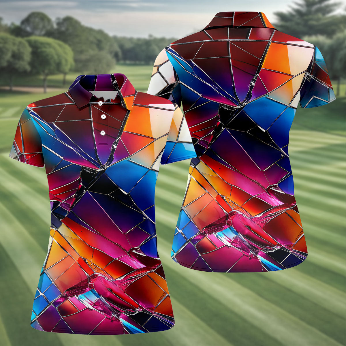 Colorful Broken Glass Abstract Golf Polo Shirt, Golf Tops For Women, Performance Golf Shirt