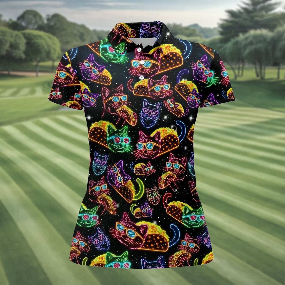 Neon Cat Taco Fiesta Time Hawaiian Golf Shirt, Cinco De Mayo Celebration Golf Shirt For Women