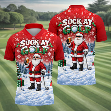 Suck At Golf Santa Beer Christmas Golf Shirt, Ladies Golf Shirts, Golf Tops For Women