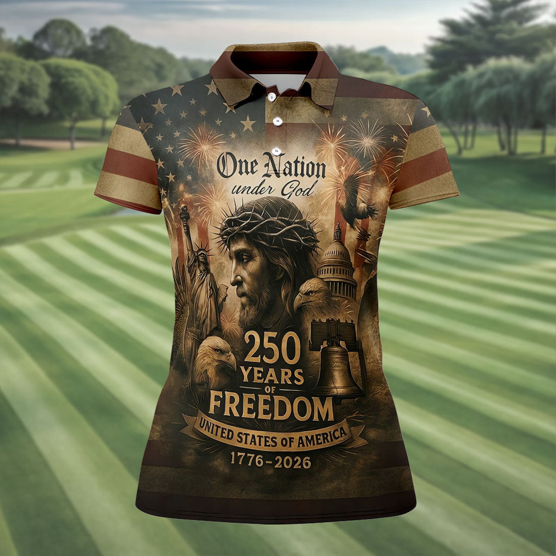 One Nation Under God America 250 Golf Polo Shirt, Women’s Golf Polo, Performance Golf Shirt