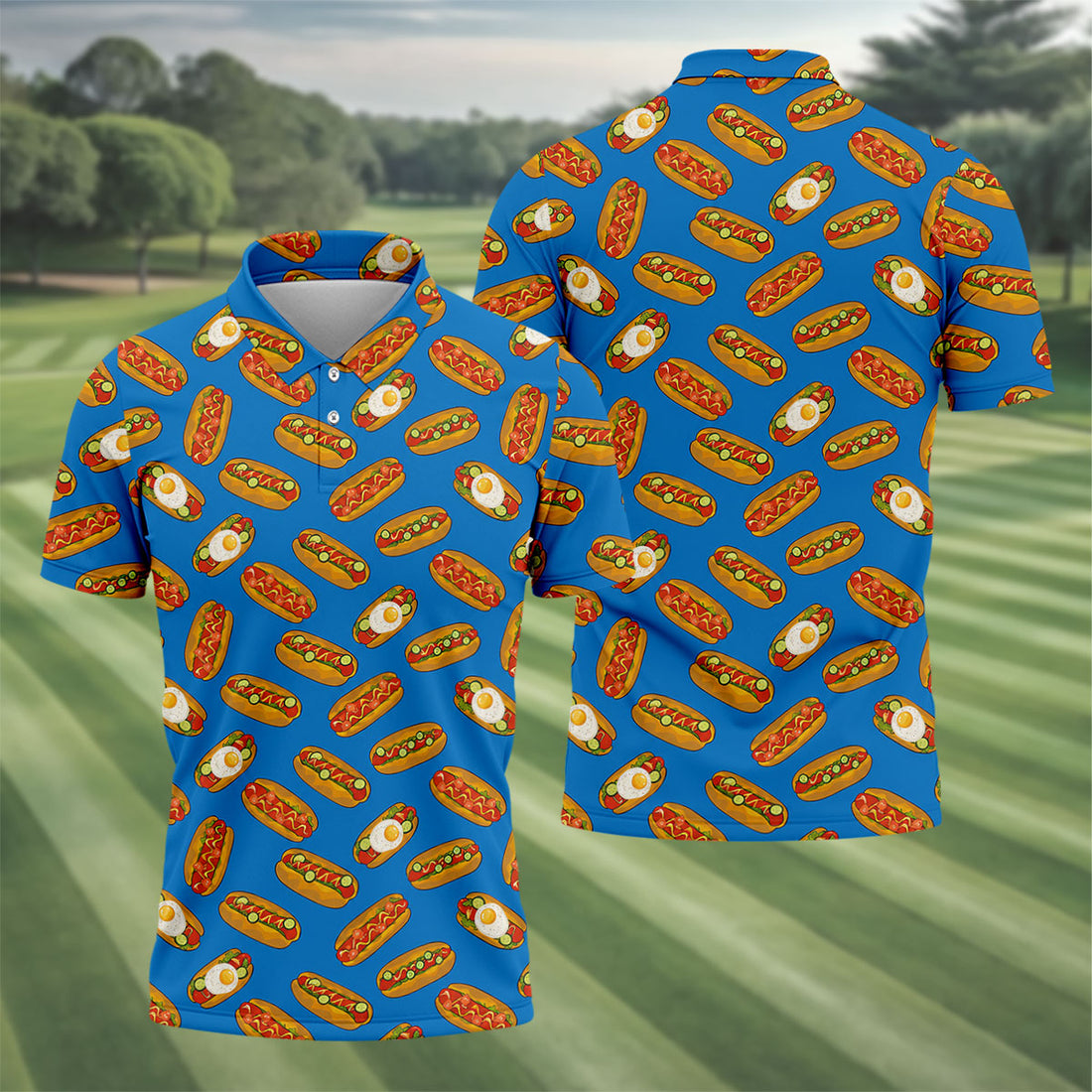 Blue Hot Dog And Fried Egg Pattern Golf Shirt, Hawaiian Golf Shirt, Mens Golf Shirts, Golf Apparel For Men