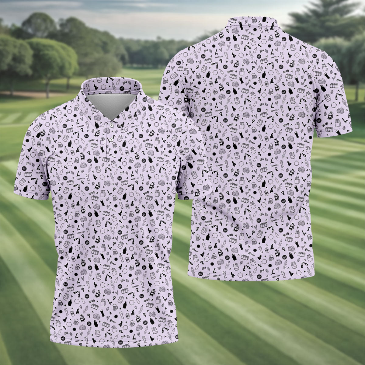 Light Purple Beer Brewing Icons Pattern Polo Shirt, Golf Apparel For Men, Printed Golf Shirts