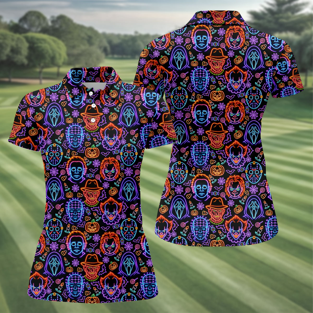 Neon Horror Character Movie Villain Pattern Golf Polo Shirt, Women's Golf Polo, Ladies Golf Shirts