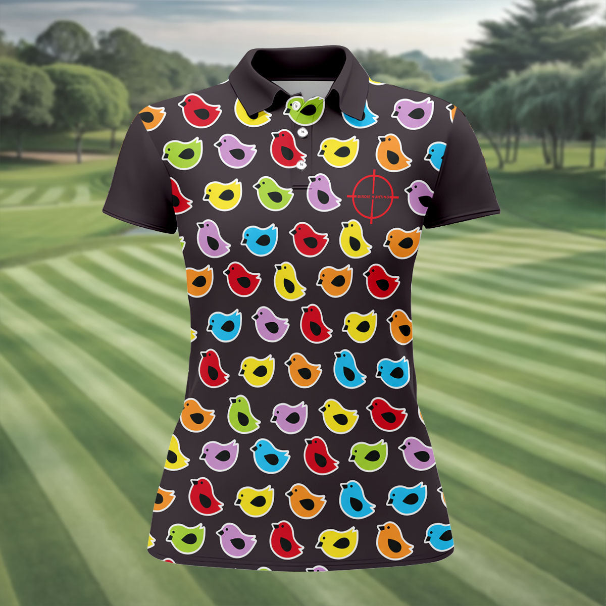 Black Colorful Birdie Hunting Golf Polo Shirt, Women's Golf Polo, Ladies Golf Top