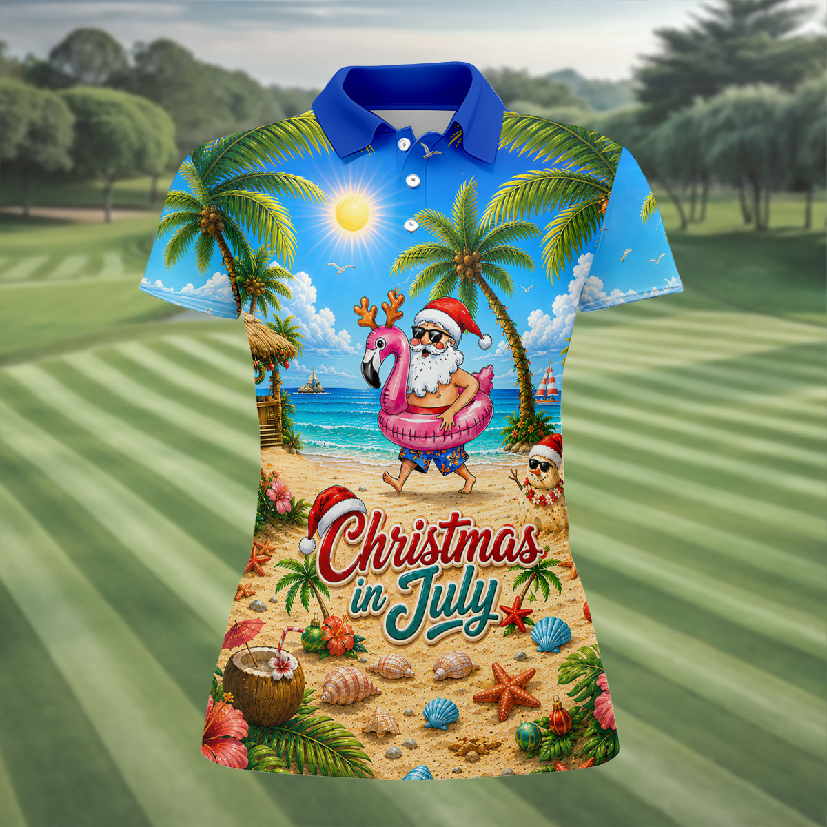 Santa Christmas In July Beach Golf Shirt, Christmas Golf Shirt, Women’s Golf Polo