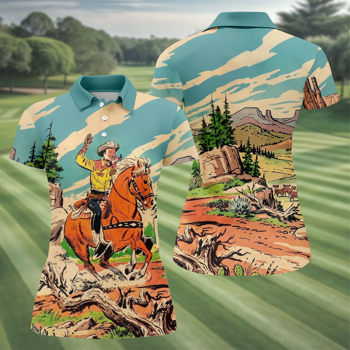 Vintage Cowboy Horse Riding Golf Polo Shirt, Golf Shirts For Women, Ladies Golf Tops