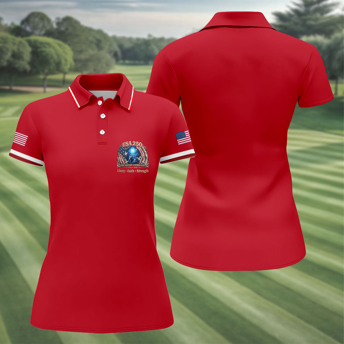 One Nation Under God Faith Cross USA 250 Logo Red Golf Shirt, 4th Of July Golf Shirt For Women