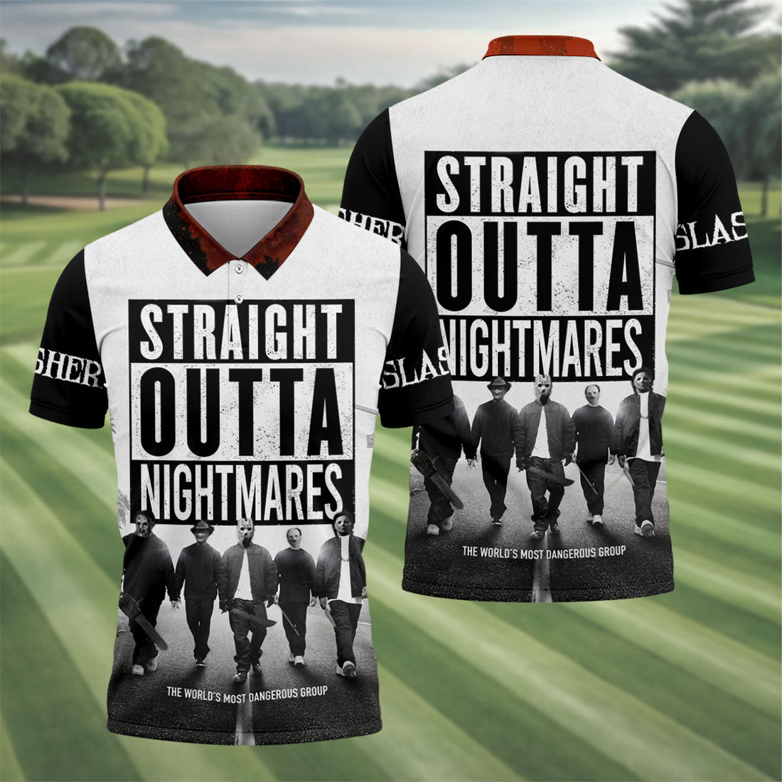 Straight Outta Nightmares Horror Character Golf Polo Shirt, Mens Golf Shirts, Hawaiian Golf Shirt