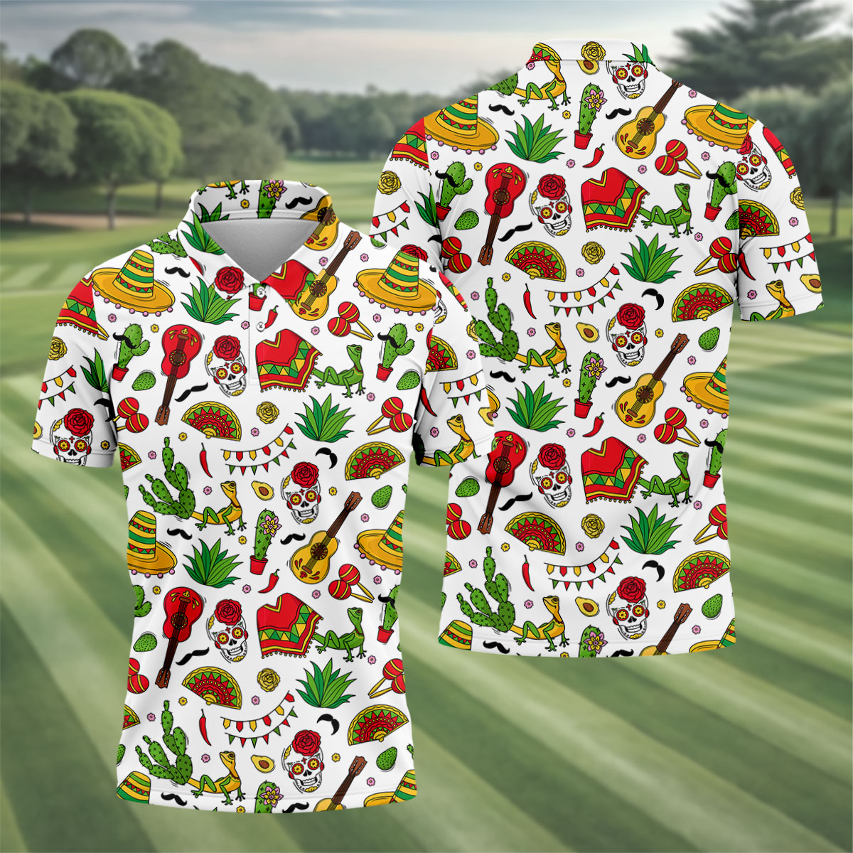 Mexican Instruments Funny Cacti Golf Tops For Men, Cinco De Mayo Celebration Golf Shirts For Men