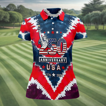 250th Anniversary Red White Blue Tie Dye Print Patriotic Golf Shirt, 4th Of July Golf Shirt For Women