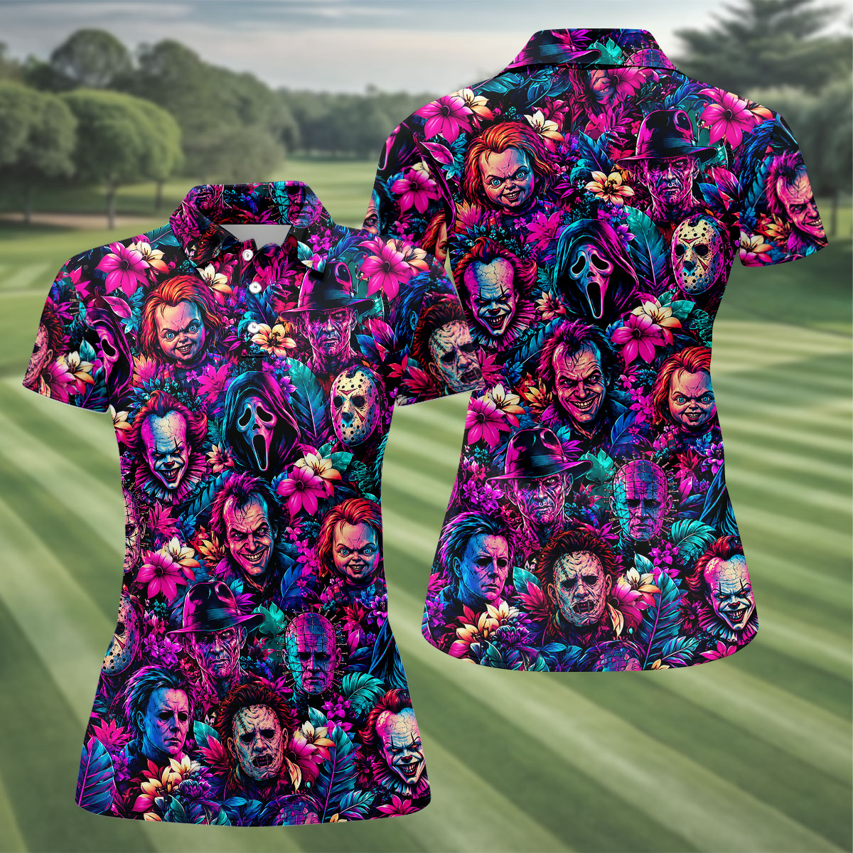 Neon Floral Horror Character Halloween Golf Shirt, Golf Shirts For Women, Women's Golf Apparel