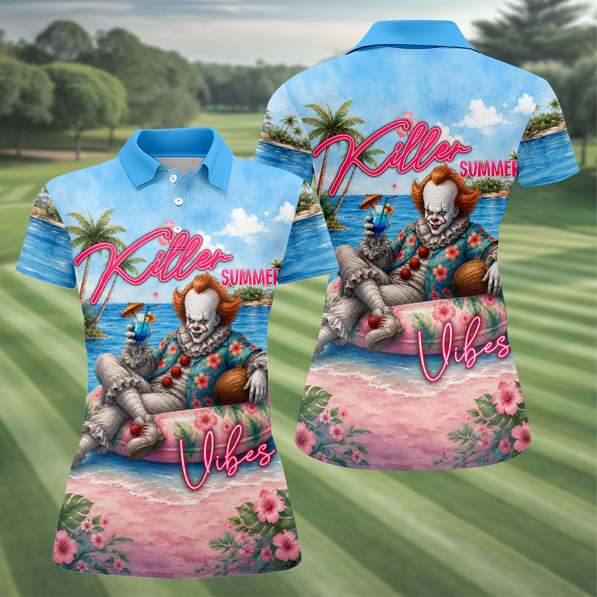 Killer Summer Vibes Scary Clown Golf Polo Shirt, Women's Golf Polo, Golf Tops For Women