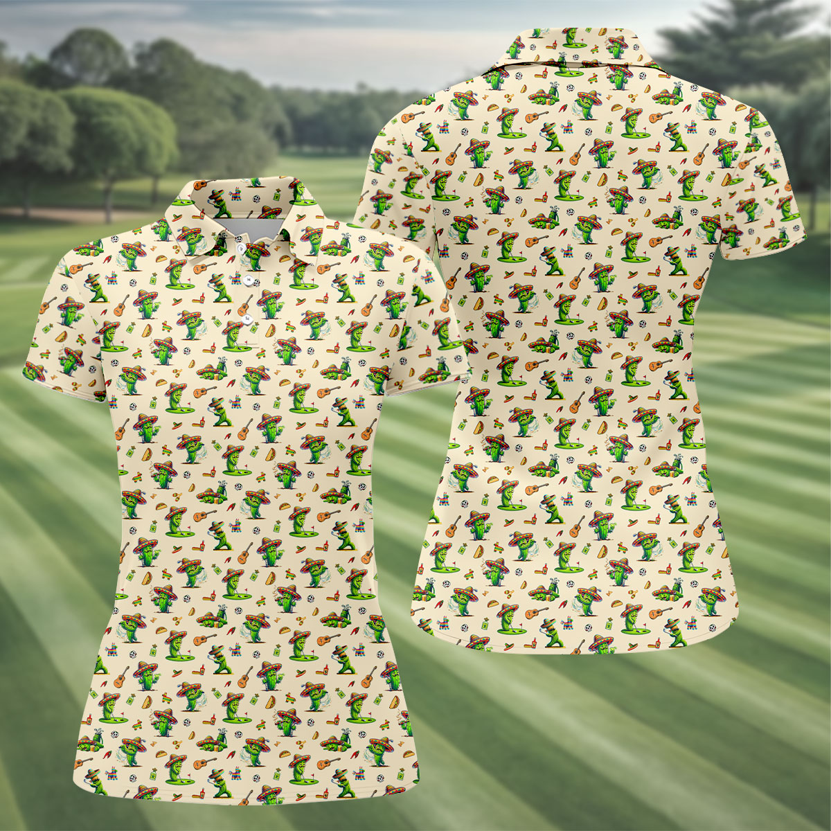 Cartoon Mustach Funny Cactus Cinco De Mayo Celebration Fiesta Themed Beige Golf Shirt For Women