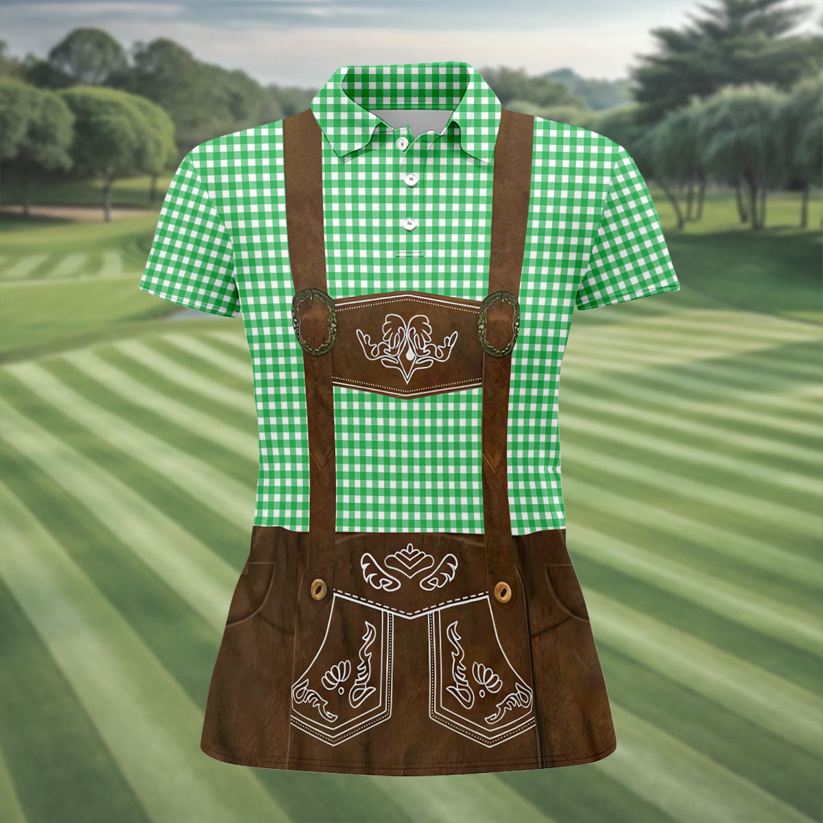 Women's Green Oktoberfest Lederhosen Illusion Sleeveless Golf Polo, Ladies Golf Top, Golf Polo For Women