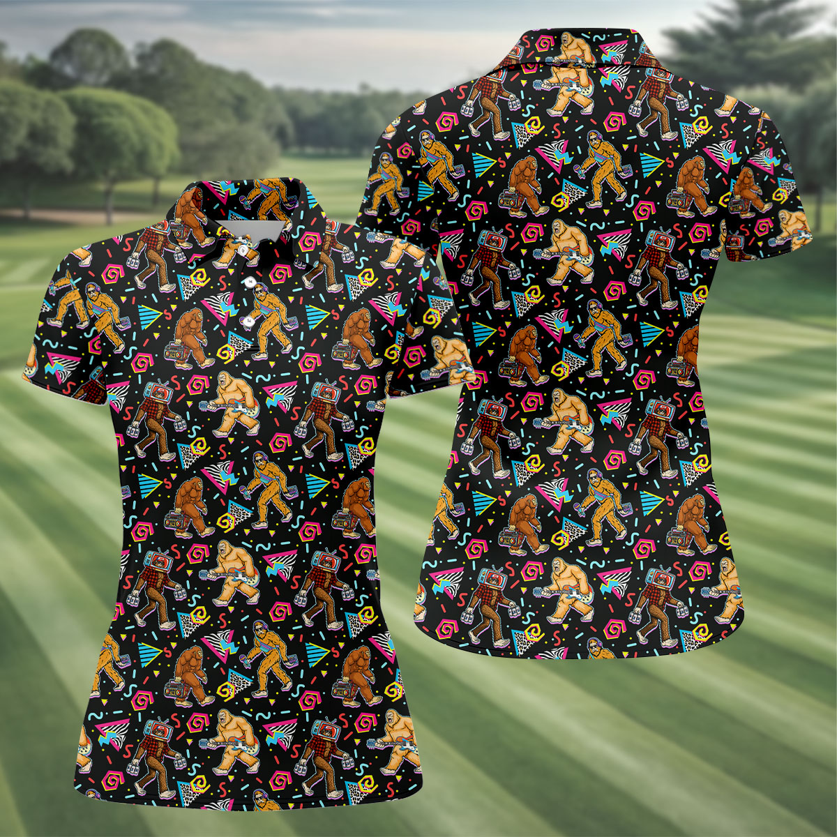 Retro Bigfoot Monkey Guitar Boombox Golf Shirt, Ladies Golf Shirts, Womens Golf Tops, Performance Golf Shirt